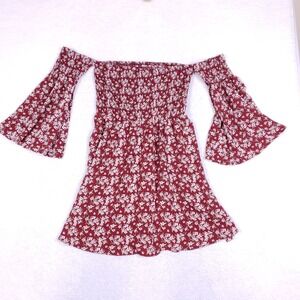 ONEYIM Floral Off the Shoulder Dress M Smocked Bell Sleeve Boho Burgundy Red